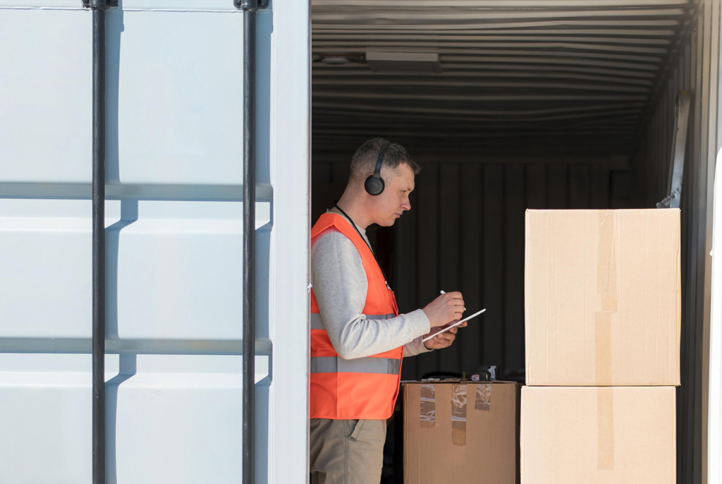 Un uomo serio e concentrato è immerso nella catalogazione dei prodotti all'interno di un box self-storage per aziende.